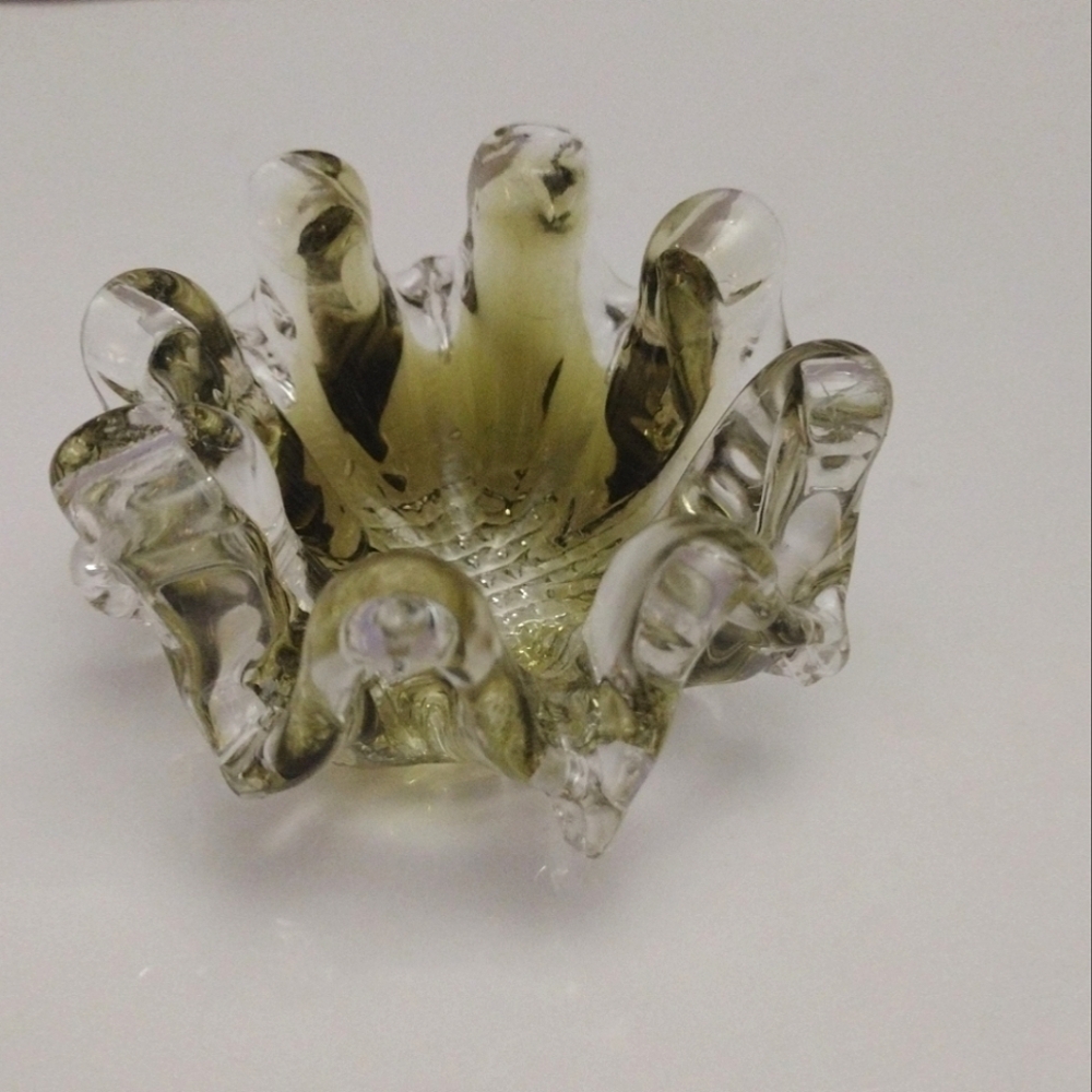 Vintage Chalet Art Glass Smokey Yellow Trinket Votive Dish 3"